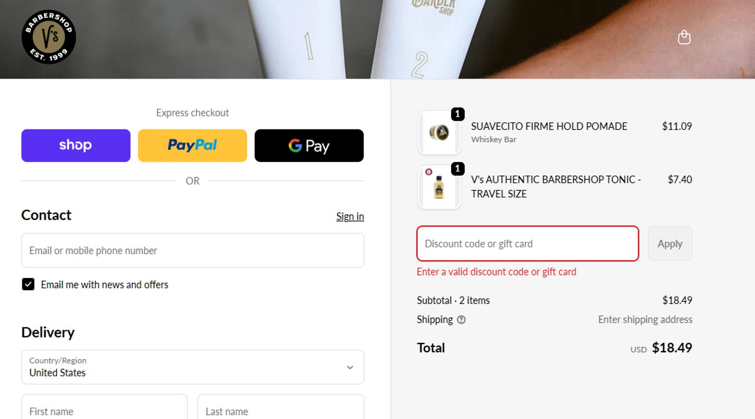 V's Barbershop promo code screenshot showing code ADFBZ applied at V's Barbershop checkout page. Uploaded by SimplyCodes community member Stun333 on Nov 7, 2025