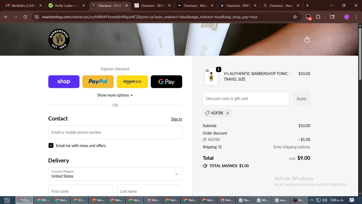 V's Barbershop promo code screenshot showing code ADFBK applied at V's Barbershop checkout page. Uploaded by SimplyCodes community member RewardScout5160 on Oct 26, 2025
