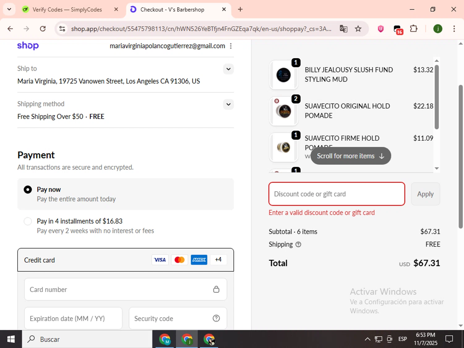V's Barbershop promo code screenshot showing code ADFBK applied at V's Barbershop checkout page. Uploaded by SimplyCodes community member SavingsCollector2592 on Nov 7, 2025