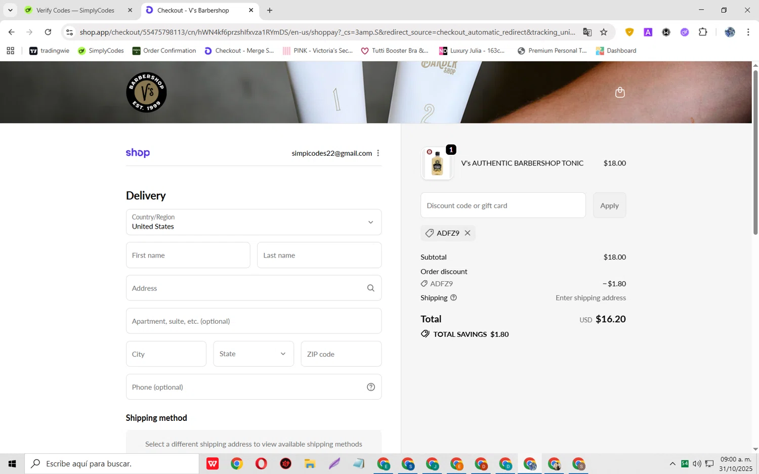 V's Barbershop checkout page showing V's Barbershop promo code box | Screenshot taken by SimplyCodes community member on Oct 31, 2025