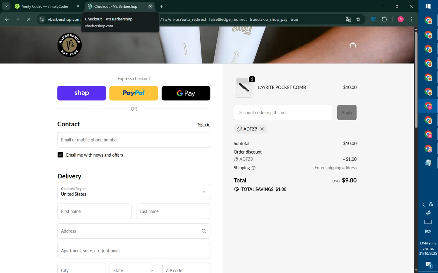V's Barbershop checkout page showing V's Barbershop promo code box | Screenshot taken by SimplyCodes community member on Oct 31, 2025