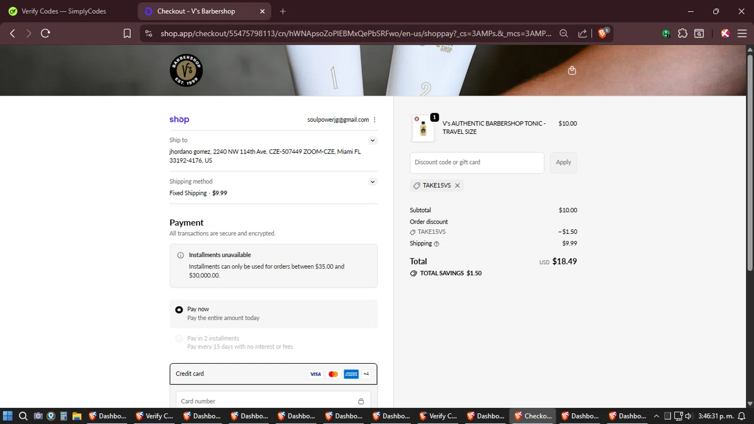 V's Barbershop promo code screenshot showing code TAKE15VS applied at V's Barbershop checkout page. Uploaded by SimplyCodes community member Amidamaru on Apr 9, 2026