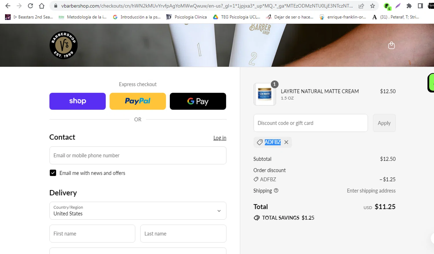 V's Barbershop promo code screenshot showing code ADFBZ applied at V's Barbershop checkout page. Uploaded by SimplyCodes community member leidycamacaro on Sep 8, 2025