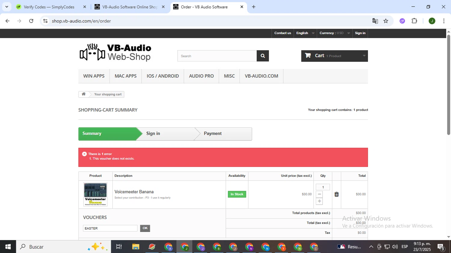 VB-Audio promo code screenshot showing code EASTER applied at VB-Audio checkout page. Uploaded by SimplyCodes community member CleverSeeker3529 on Jul 24, 2025