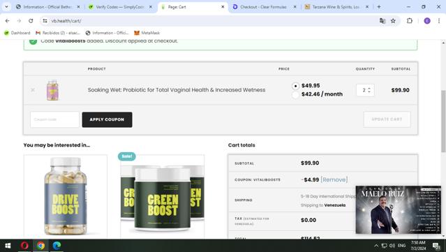 VB Health checkout page showing VB Health coupon code box | Screenshot taken by SimplyCodes community member on Jul 2, 2024