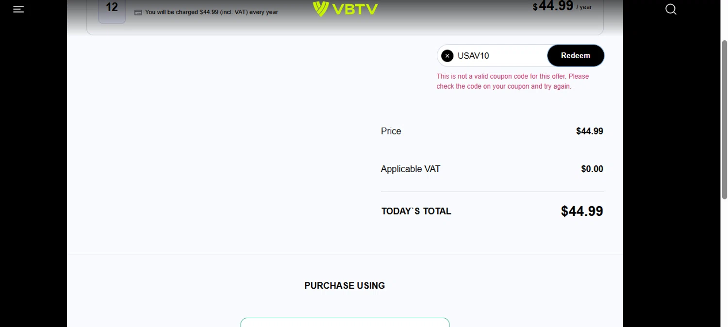 VBTV promo code screenshot showing code USAV10 applied at VBTV checkout page. Uploaded by SimplyCodes community member negrita on Jan 17, 2025