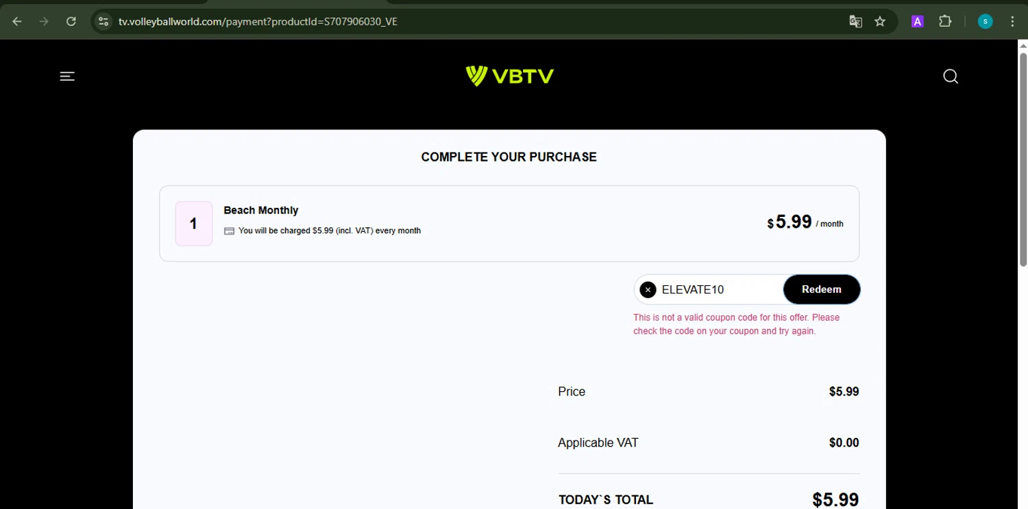VBTV promo code screenshot showing code ELEVATE10 applied at VBTV checkout page. Uploaded by SimplyCodes community member ValiantChaser7723 on Mar 14, 2025