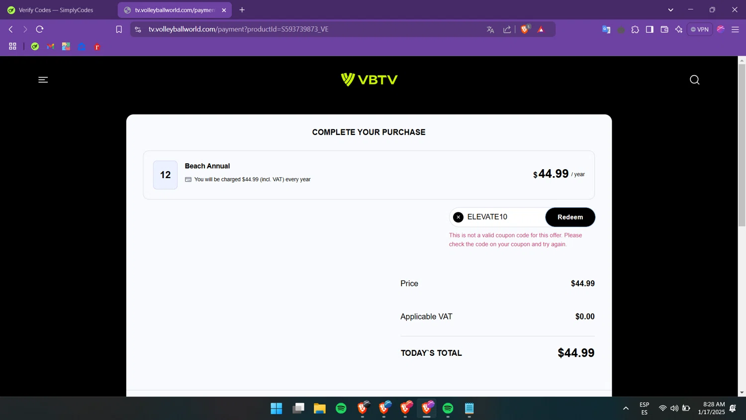 VBTV promo code screenshot showing code ELEVATE10 applied at VBTV checkout page. Uploaded by SimplyCodes community member luigii on Jan 17, 2025