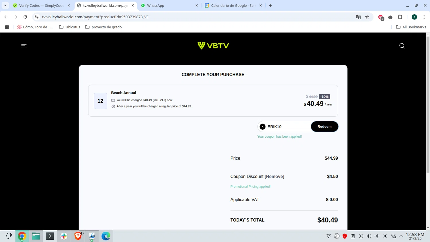 VBTV promo code screenshot showing code ERIK10 applied at VBTV checkout page. Uploaded by SimplyCodes community member admeneses on Mar 21, 2025