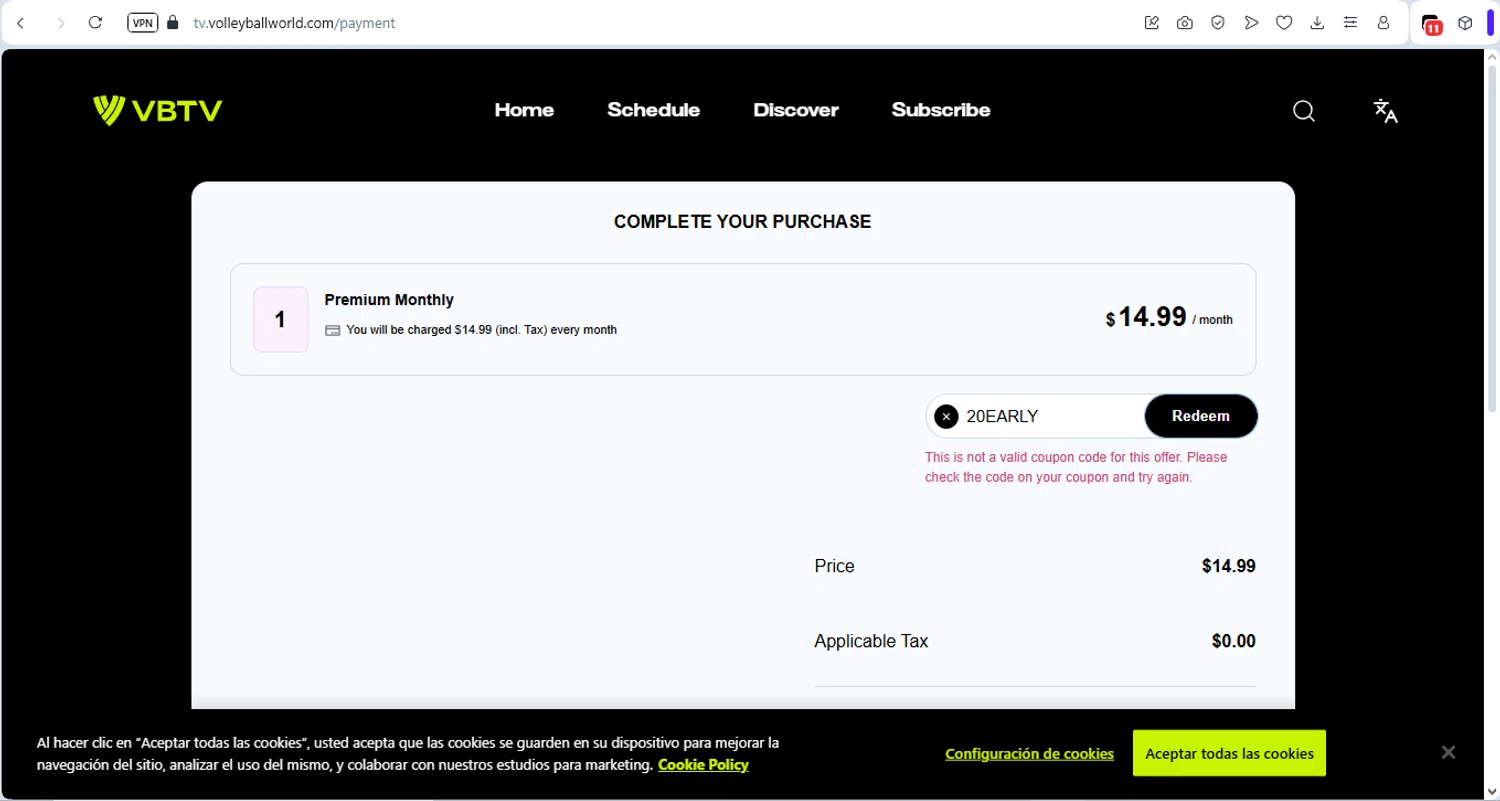 VBTV promo code screenshot showing code 20EARLY applied at VBTV checkout page. Uploaded by SimplyCodes community member LegendaryTitan9160 on Jun 5, 2025