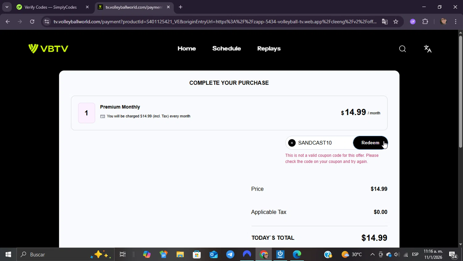 VBTV promo code screenshot showing code SANDCAST10 applied at VBTV checkout page. Uploaded by SimplyCodes community member ShieldEagle9436 on Jan 11, 2026