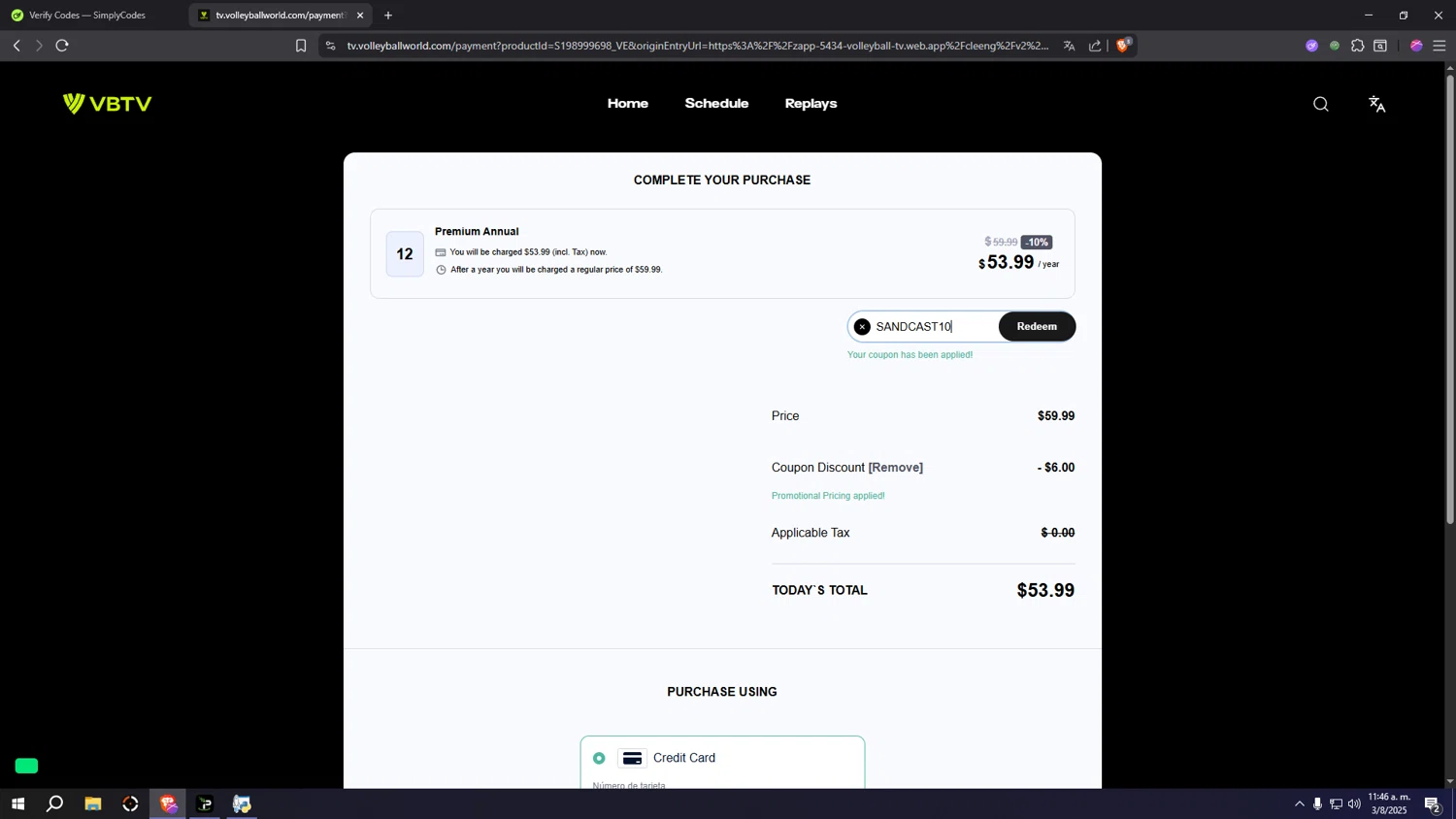 VBTV promo code screenshot showing code SANDCAST10 applied at VBTV checkout page. Uploaded by SimplyCodes community member MRYORMAN on Aug 3, 2025