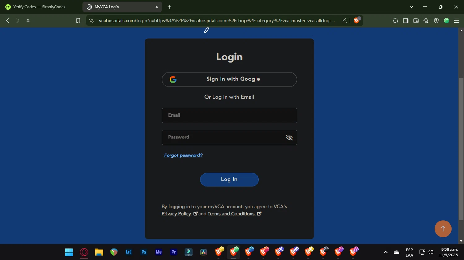 VCA Animal Hospitals promo code screenshot showing code SAVE25 applied at VCA Animal Hospitals checkout page. Uploaded by SimplyCodes community member ValuePioneer5185 on Mar 11, 2025