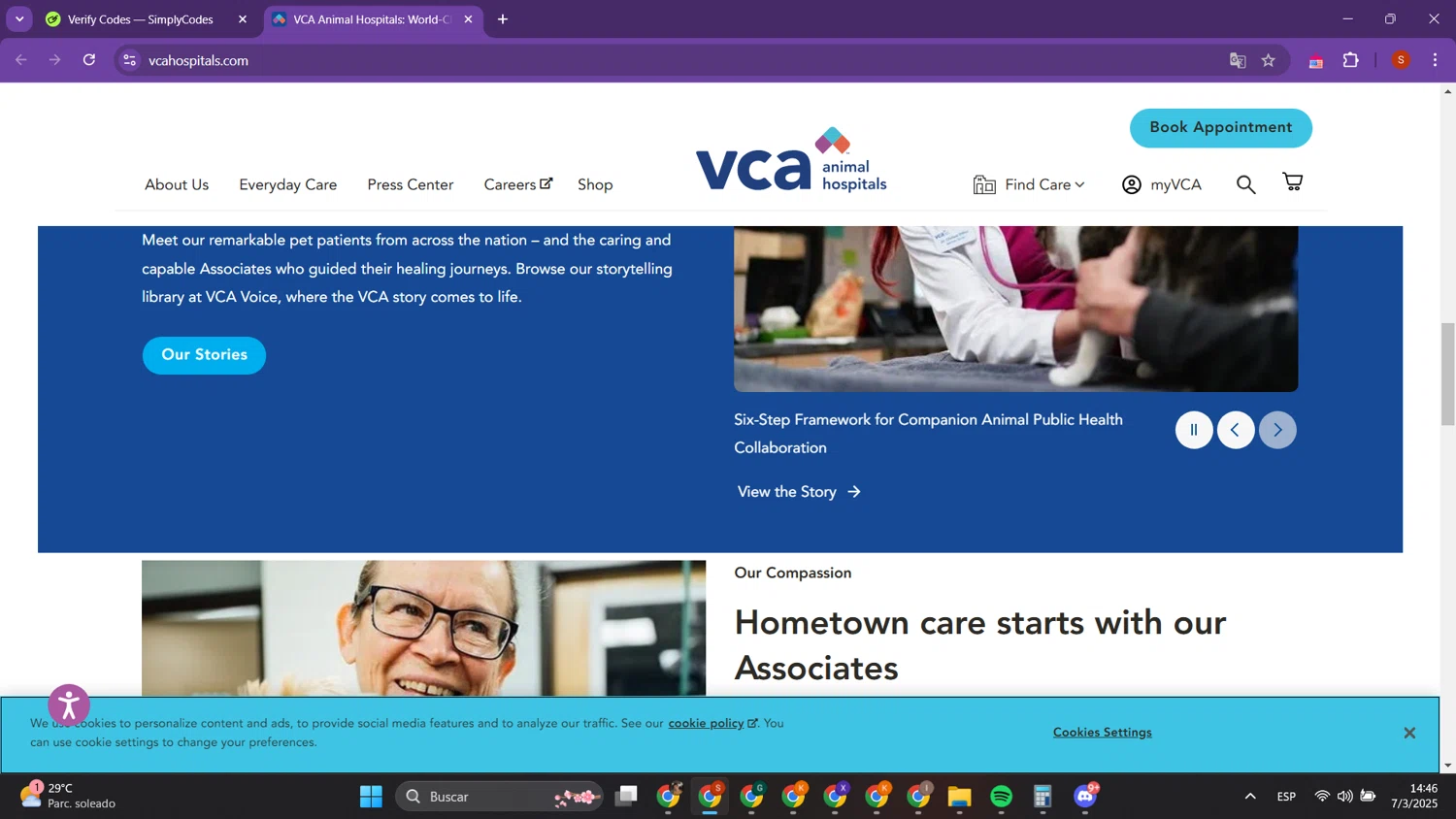 VCA Animal Hospitals promo code screenshot showing code SAVE25 applied at VCA Animal Hospitals checkout page. Uploaded by SimplyCodes community member PrimeTracker2179 on Mar 7, 2025