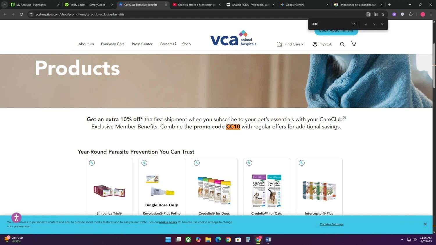 VCA Animal Hospitals checkout page showing VCA Animal Hospitals promo code box | Screenshot taken by SimplyCodes community member on Aug 7, 2025
