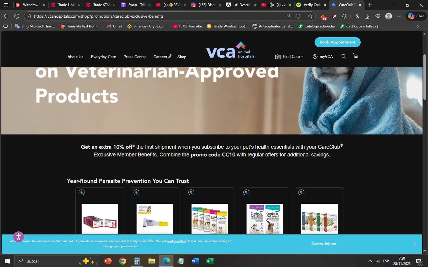VCA Animal Hospitals promo code screenshot showing code CC10 applied at VCA Animal Hospitals checkout page. Uploaded by SimplyCodes community member SaskeUchiha on Nov 28, 2025