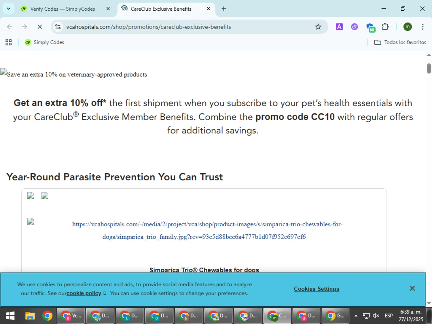 VCA Animal Hospitals promo code screenshot showing code CC10 applied at VCA Animal Hospitals checkout page. Uploaded by SimplyCodes community member VoucherCollector9196 on Dec 27, 2025