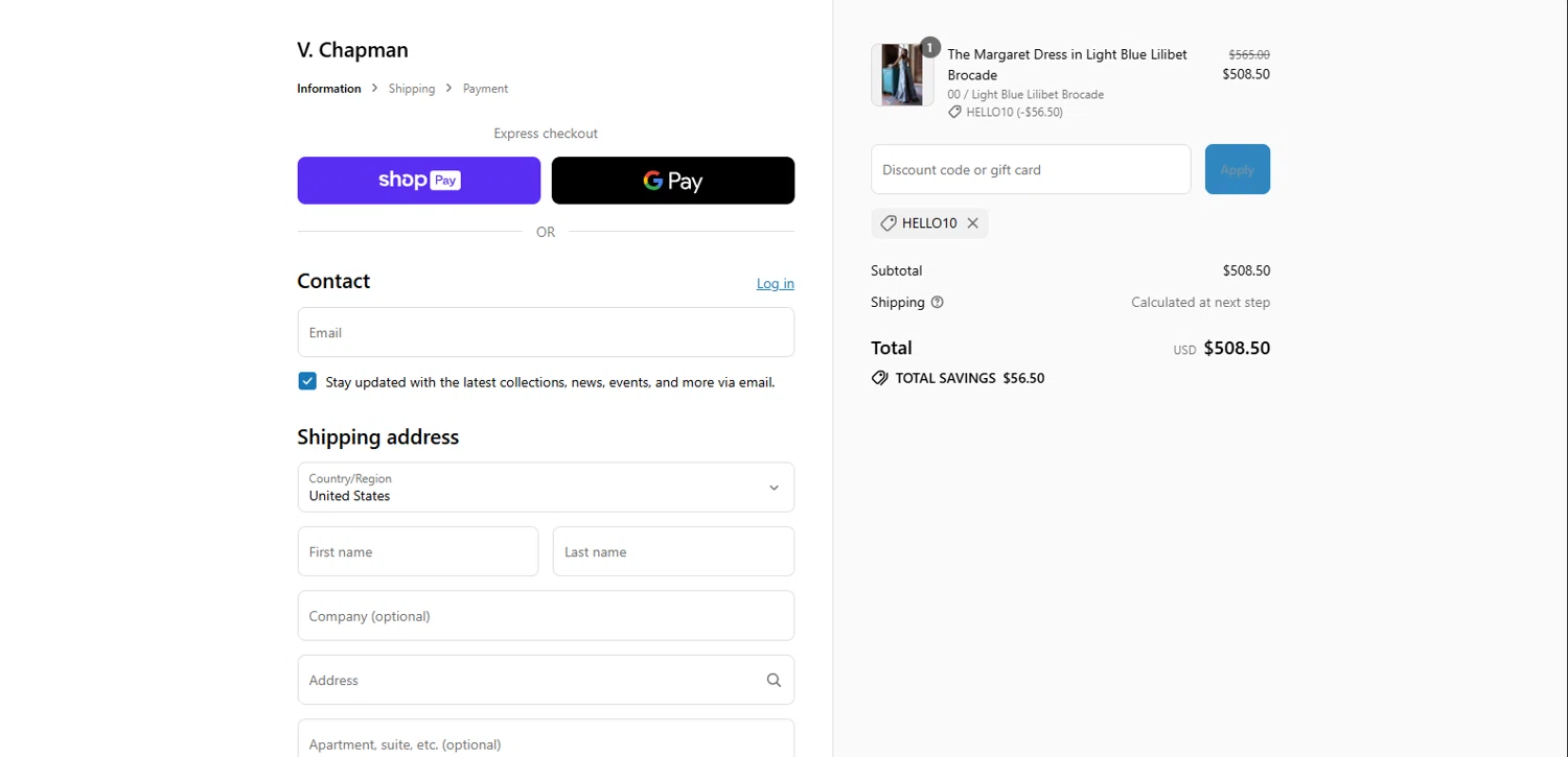 V. Chapman discount code screenshot showing code HELLO10 applied at V. Chapman checkout page. Uploaded by SimplyCodes community member BrillianteMaestro892 on Aug 28, 2025