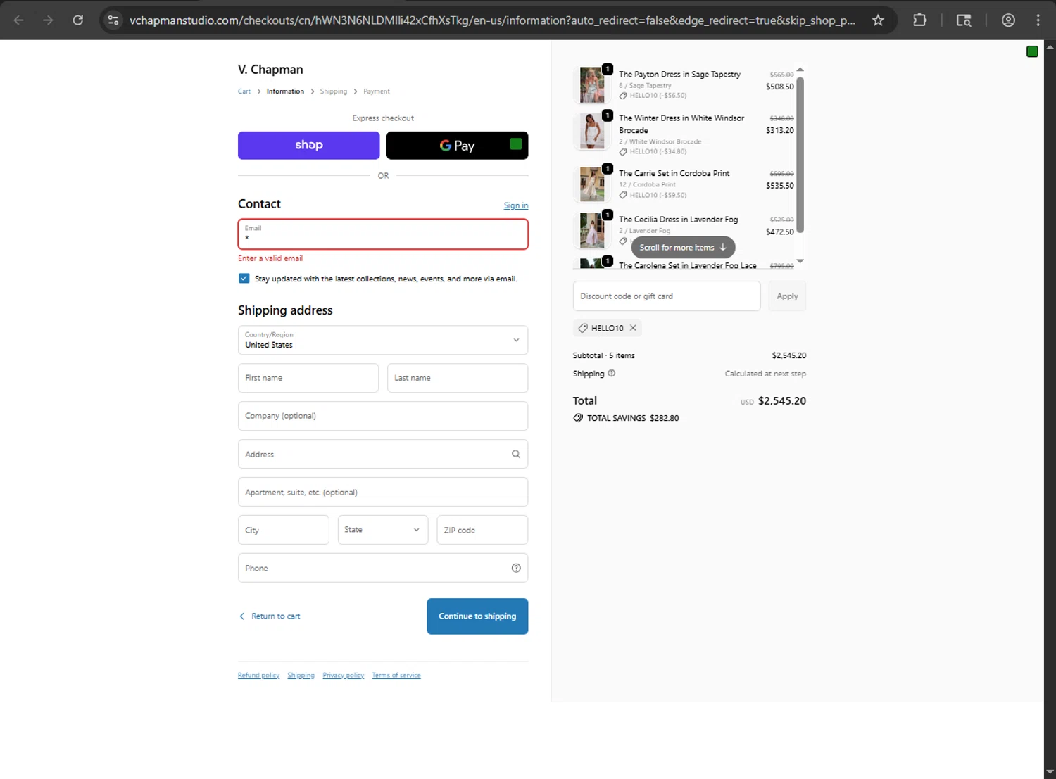 V. Chapman discount code screenshot showing code HELLO10 applied at V. Chapman checkout page. Uploaded by SimplyCodes community member RayliMC on Sep 25, 2025
