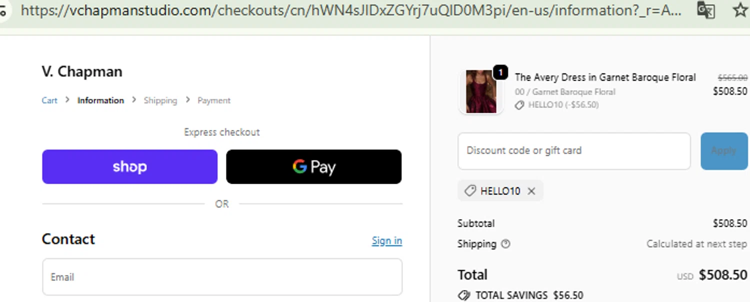 V. Chapman discount code screenshot showing code HELLO10 applied at V. Chapman checkout page. Uploaded by SimplyCodes community member RewardFinder4836 on Nov 3, 2025