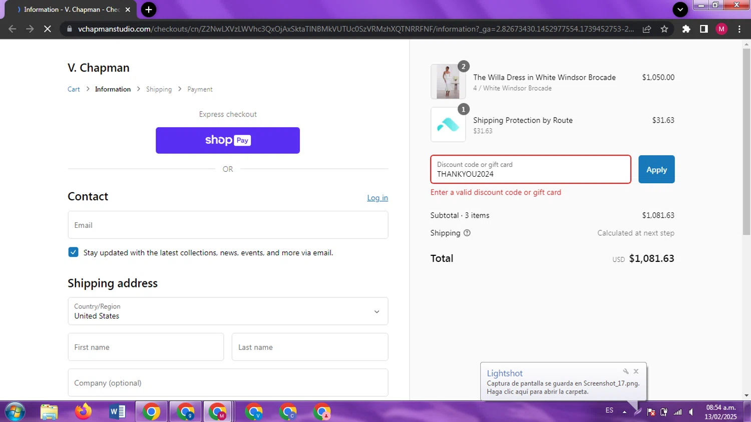 V. Chapman discount code screenshot showing code THANKYOU2024 applied at V. Chapman checkout page. Uploaded by SimplyCodes community member CouponAce9216 on Feb 13, 2025