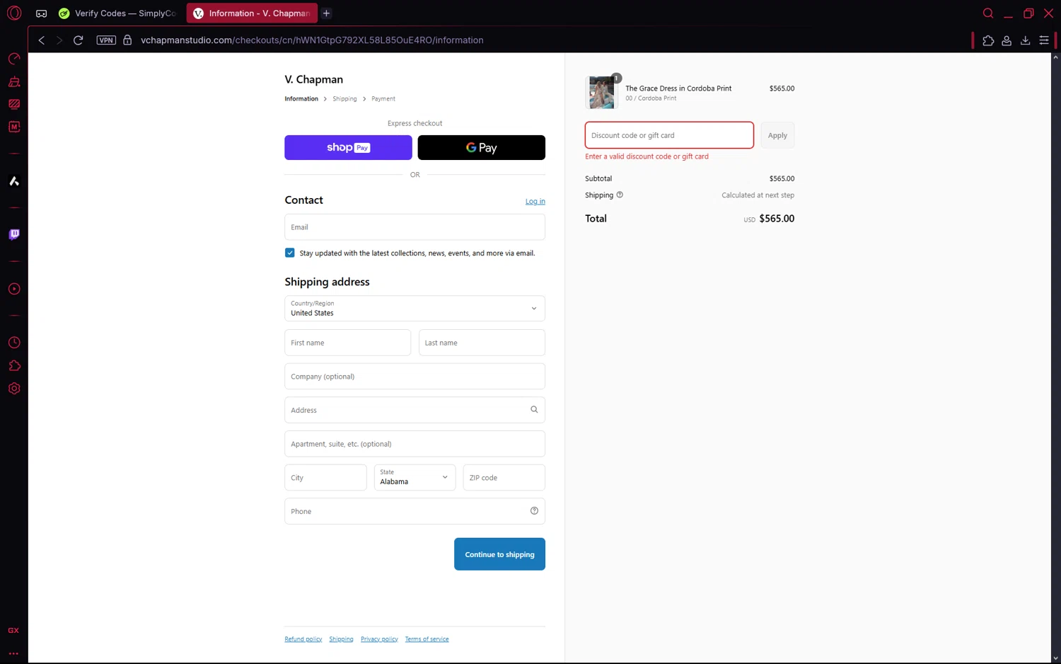 V. Chapman discount code screenshot showing code SUMMERSALE applied at V. Chapman checkout page. Uploaded by SimplyCodes community member frijolito on Jul 31, 2025