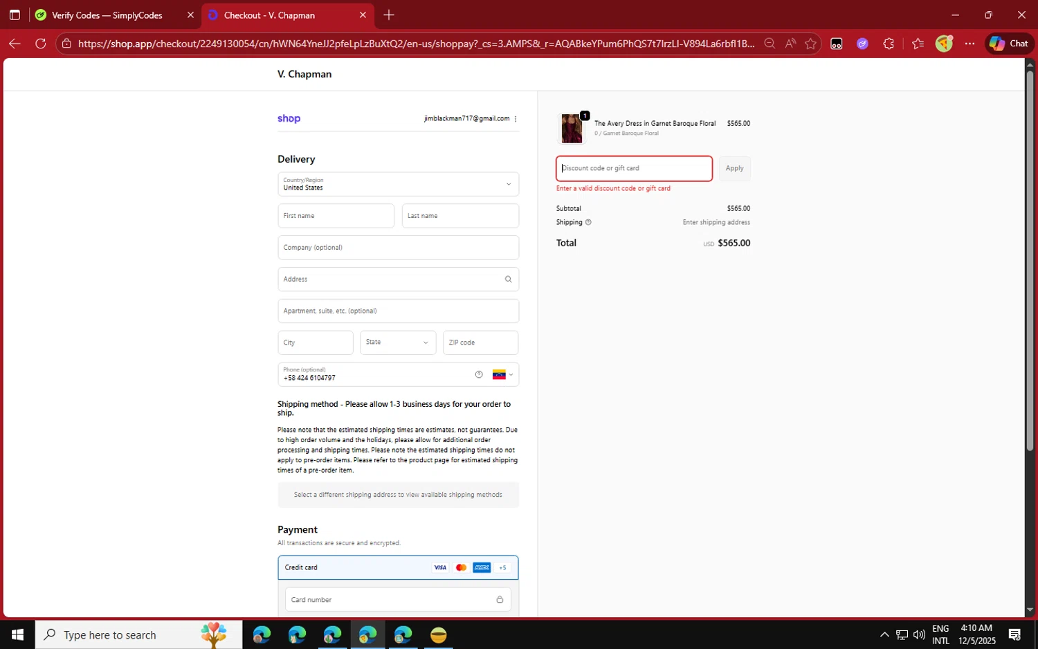 V. Chapman discount code screenshot showing code THANKYOU2025 applied at V. Chapman checkout page. Uploaded by SimplyCodes community member jvllsk2 on Dec 5, 2025