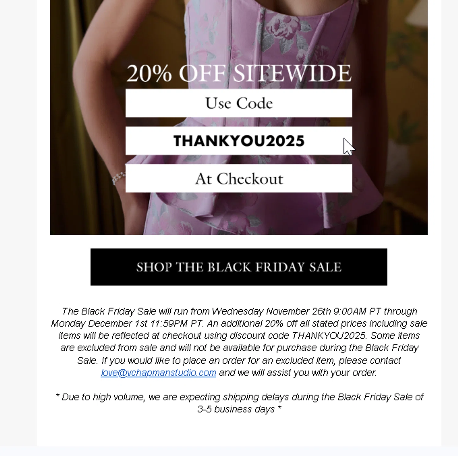 V. Chapman discount code screenshot showing code THANKYOU2025 applied at V. Chapman checkout page. Uploaded by SimplyCodes community member Logoteam on Nov 26, 2025