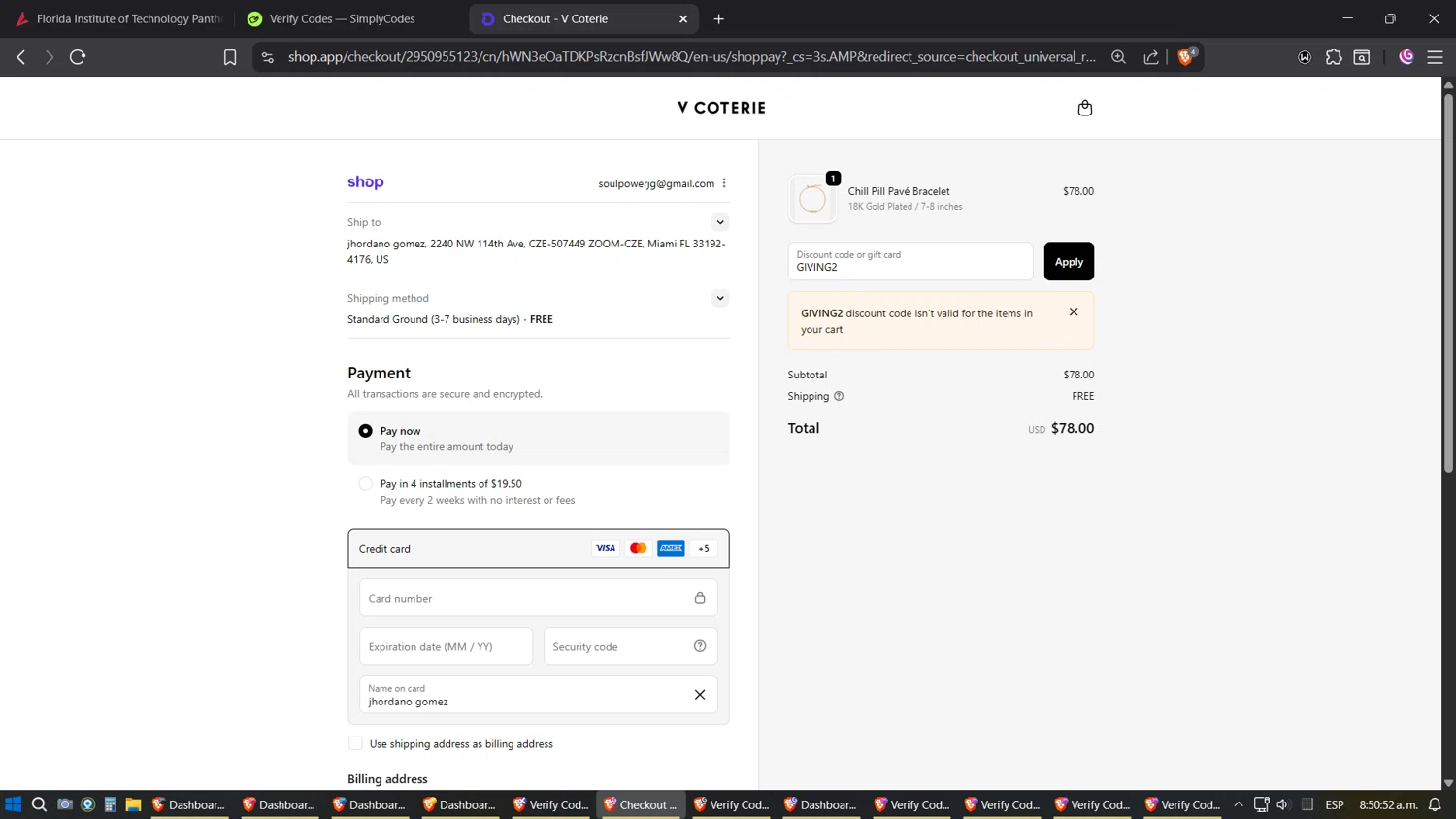 V Coterie discount code screenshot showing code GIVING2 applied at V Coterie checkout page. Uploaded by SimplyCodes community member Phoenix on Oct 2, 2025
