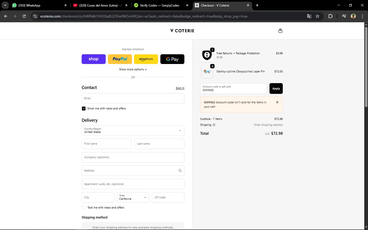 V Coterie discount code screenshot showing code GIVING2 applied at V Coterie checkout page. Uploaded by SimplyCodes community member Tralalelo on Oct 14, 2025