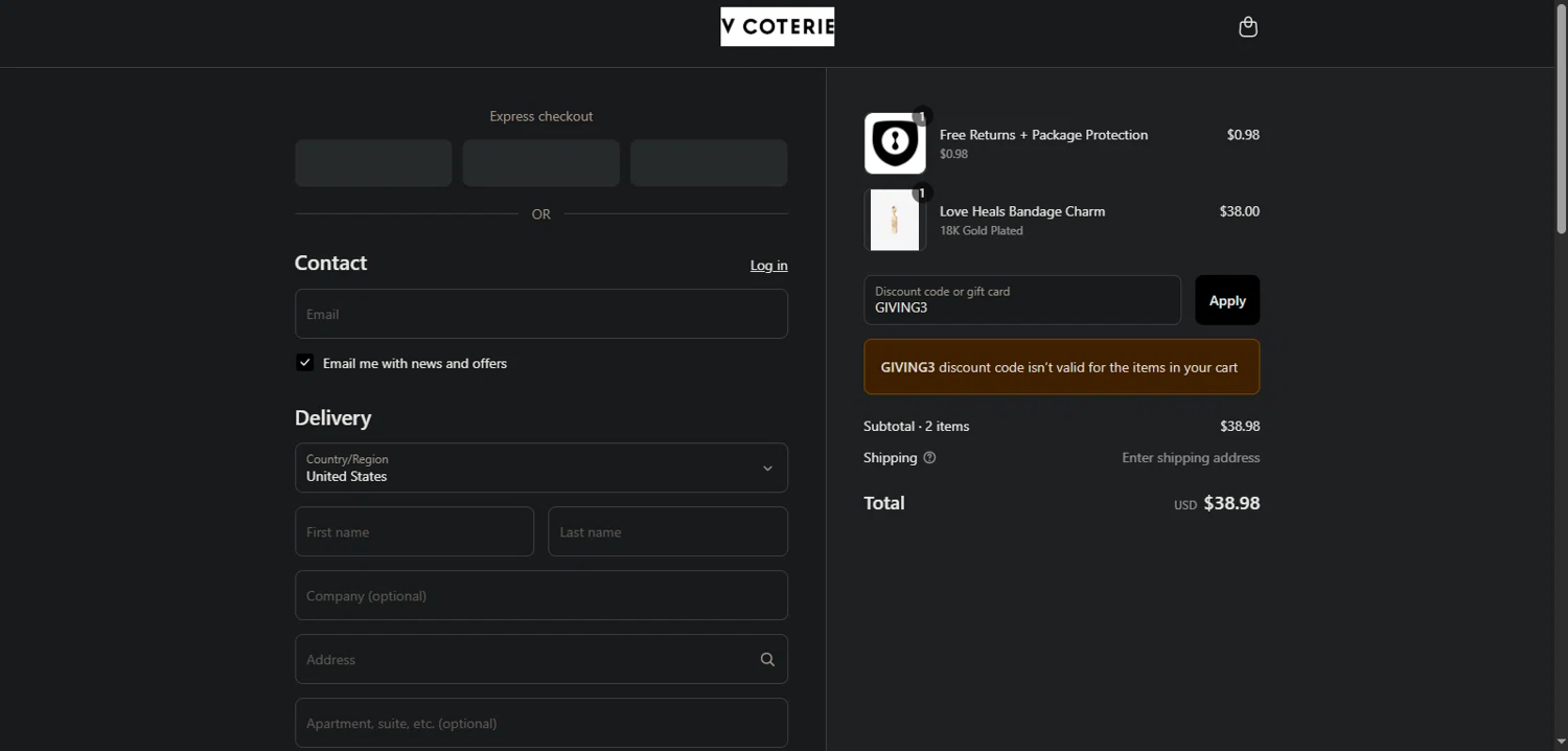 V Coterie discount code screenshot showing code GIVING3 applied at V Coterie checkout page. Uploaded by SimplyCodes community member Nor_man on Aug 16, 2025