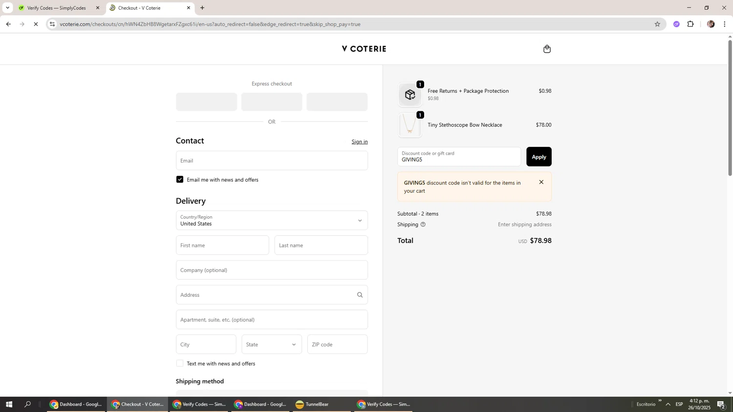 V Coterie discount code screenshot showing code GIVING5 applied at V Coterie checkout page. Uploaded by SimplyCodes community member Levi_Ackerman on Oct 26, 2025