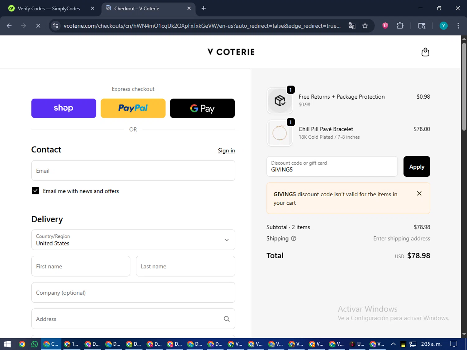 V Coterie discount code screenshot showing code GIVING5 applied at V Coterie checkout page. Uploaded by SimplyCodes community member RoyalEagle4794 on Nov 1, 2025
