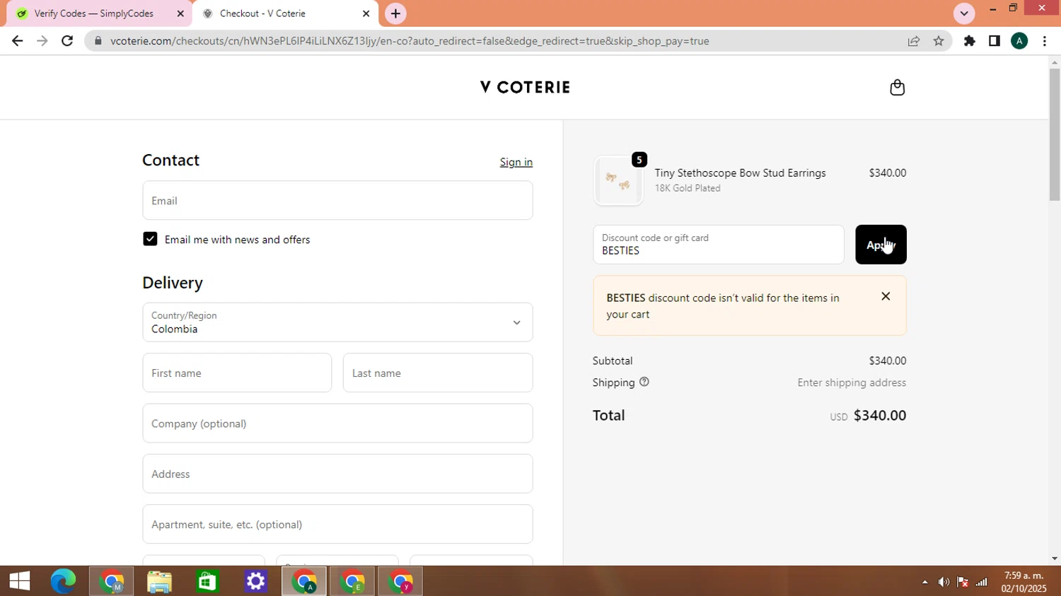 V Coterie discount code screenshot showing code BESTIES applied at V Coterie checkout page. Uploaded by SimplyCodes community member HAOJIN on Oct 2, 2025