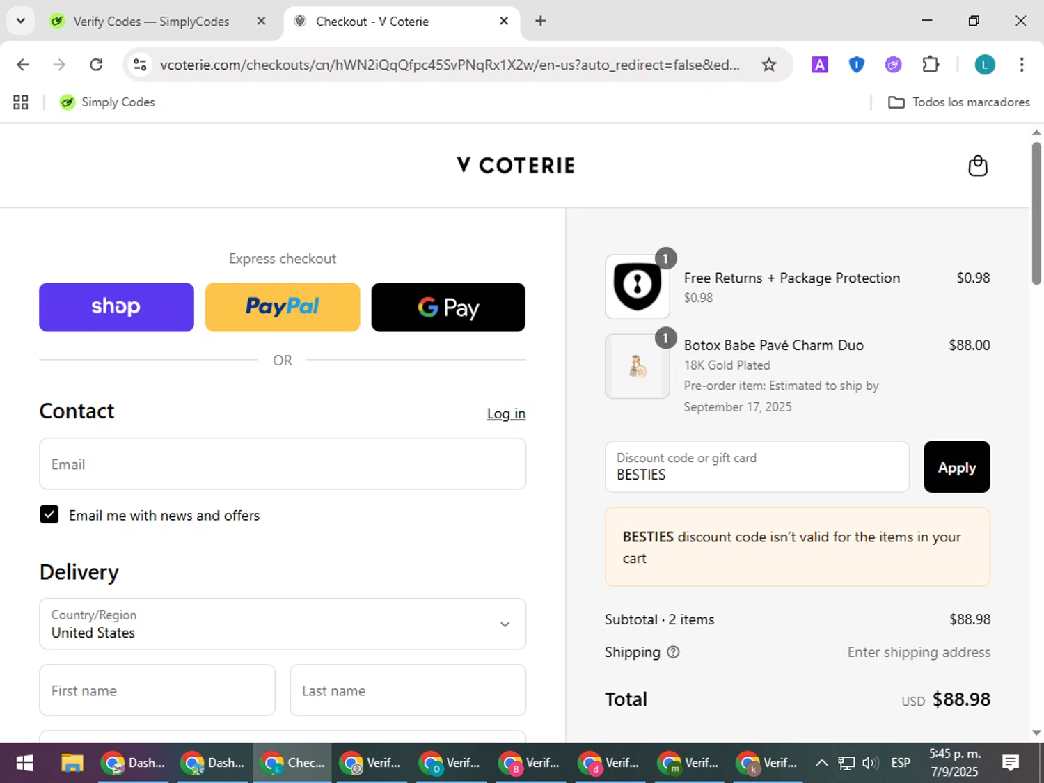 V Coterie discount code screenshot showing code BESTIES applied at V Coterie checkout page. Uploaded by SimplyCodes community member LuckyLegend792 on Sep 7, 2025