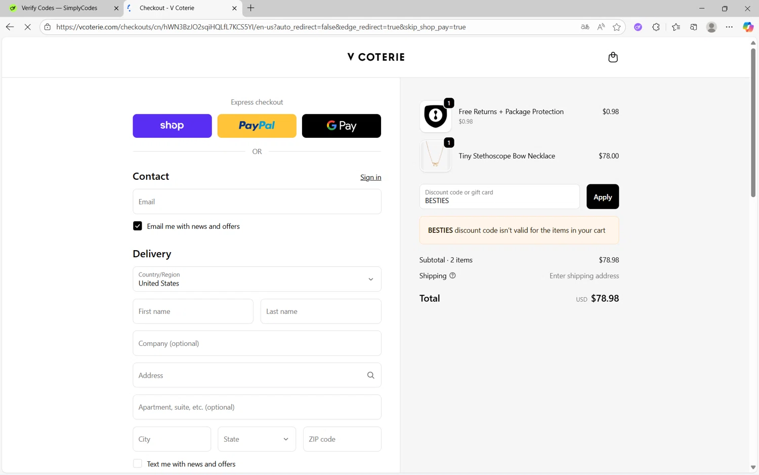 V Coterie discount code screenshot showing code BESTIES applied at V Coterie checkout page. Uploaded by SimplyCodes community member frijolito on Sep 20, 2025