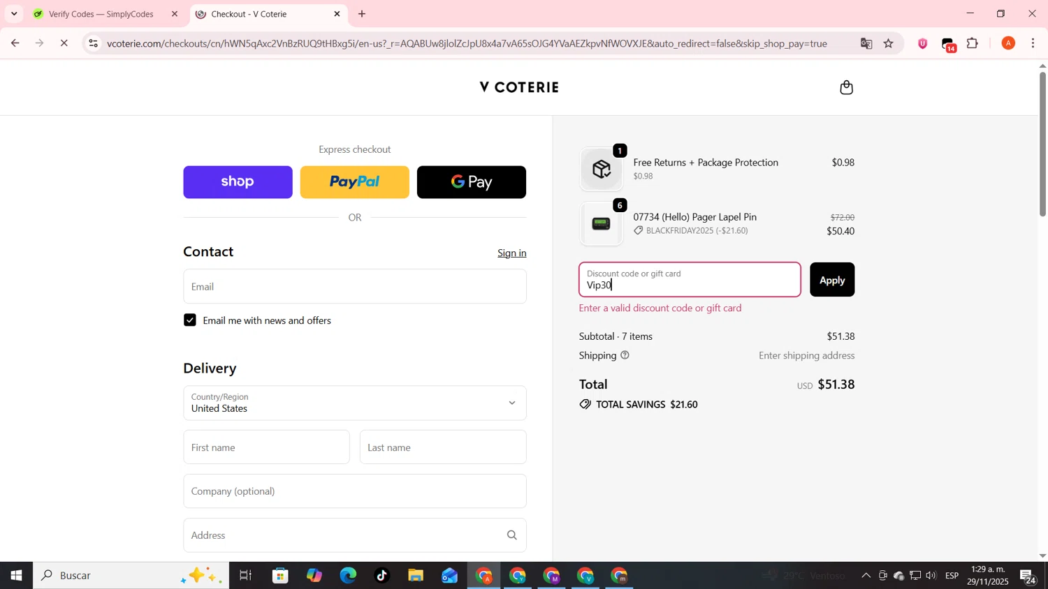 V Coterie discount code screenshot showing code Vip30 applied at V Coterie checkout page. Uploaded by SimplyCodes community member FrugalSentinel6206 on Nov 29, 2025