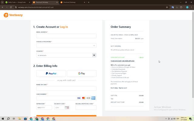 Vecteezy checkout page showing Vecteezy promo code box | Screenshot taken by SimplyCodes community member on Nov 2, 2024