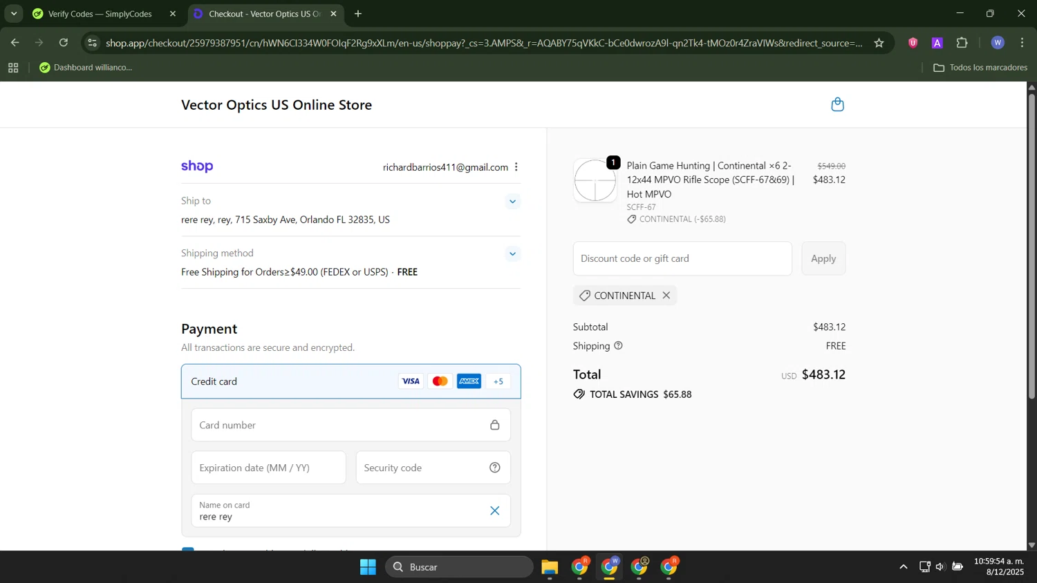 Vector Optics Online Store promo code screenshot showing code CONTINENTAL applied at Vector Optics Online Store checkout page. Uploaded by SimplyCodes community member ThriftyTracker446 on Dec 8, 2025