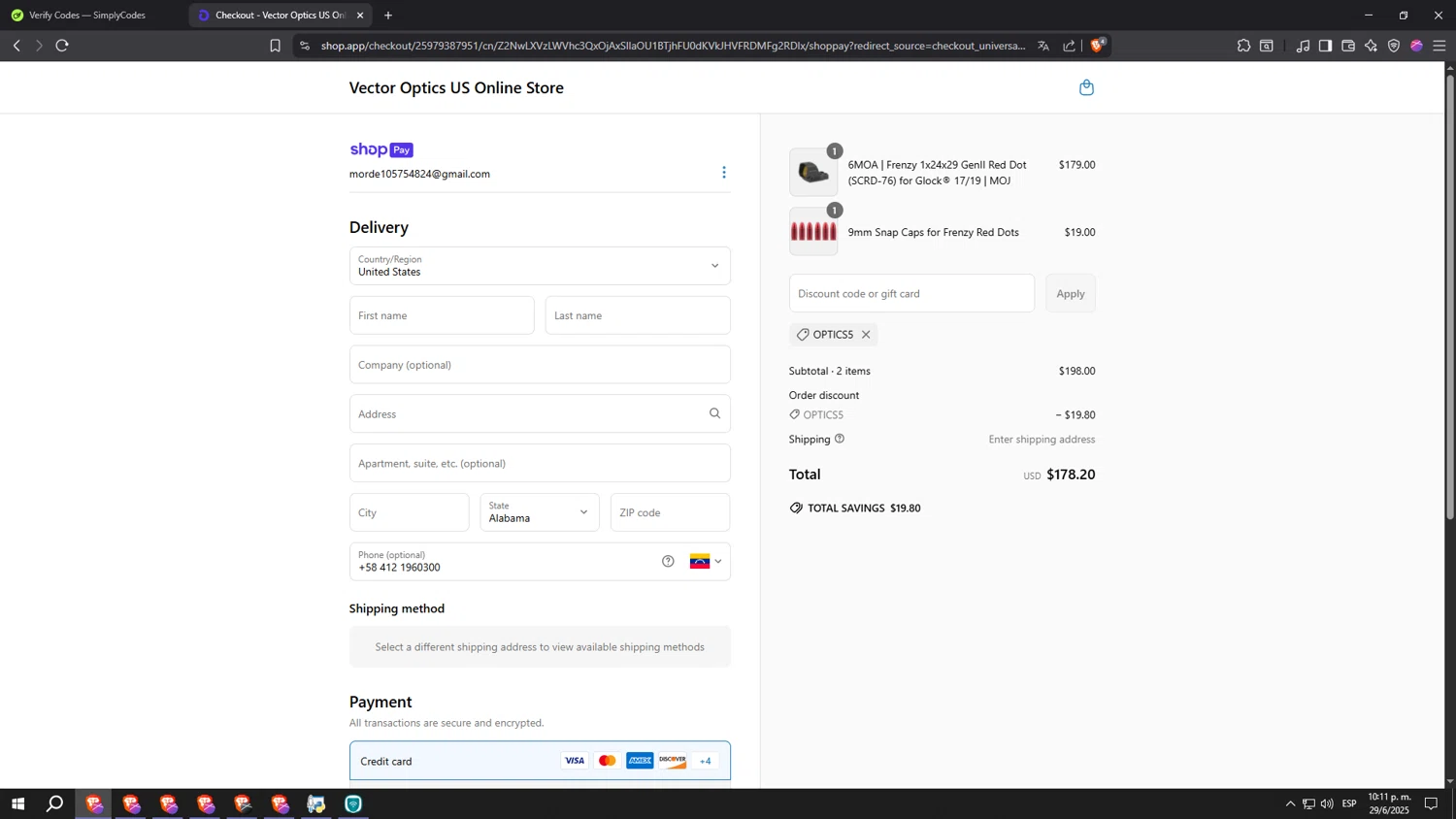 Vector Optics Online Store promo code screenshot showing code OPTICS5 applied at Vector Optics Online Store checkout page. Uploaded by SimplyCodes community member kkkkkkkkkkkkkkkkkkkk on Jun 30, 2025