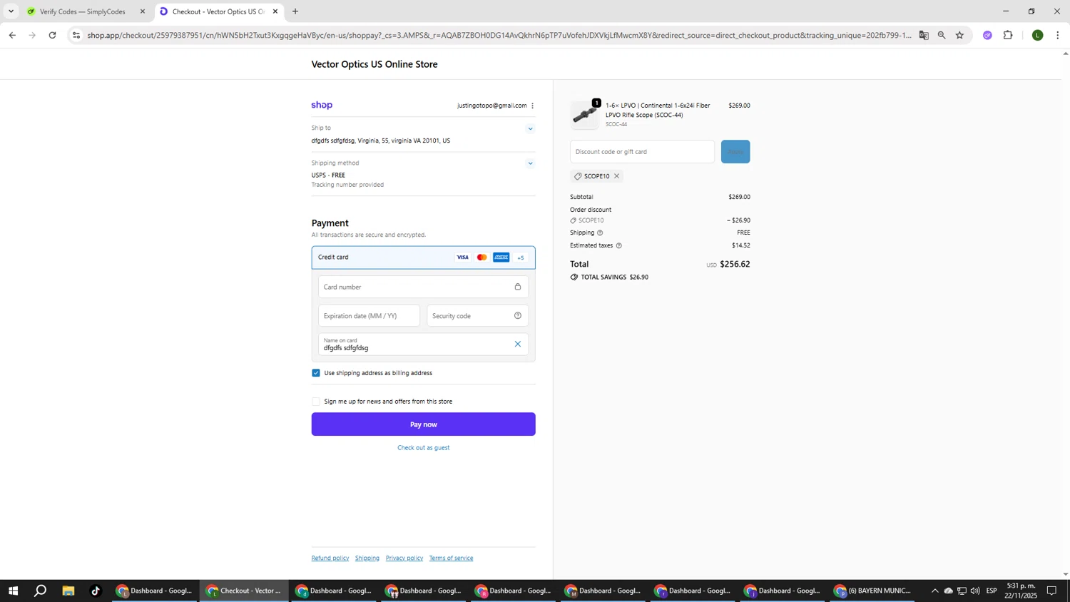 Vector Optics Online Store promo code screenshot showing code SCOPE10 applied at Vector Optics Online Store checkout page. Uploaded by SimplyCodes community member DUCATI on Nov 22, 2025