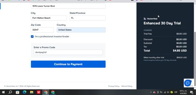 VectorVest checkout page showing VectorVest promo code box | Screenshot taken by SimplyCodes community member on Sep 4, 2025