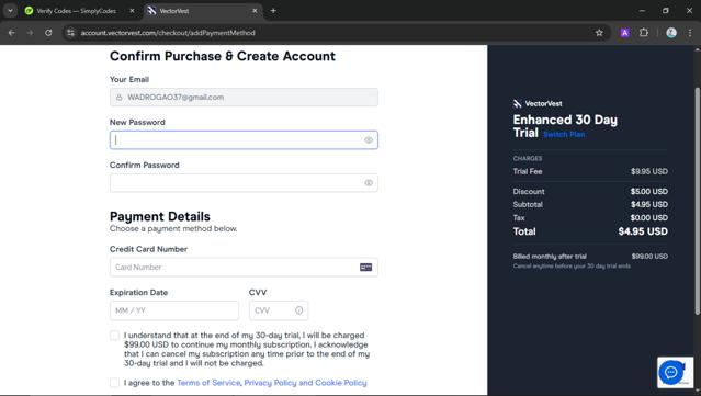 VectorVest checkout page showing VectorVest promo code box | Screenshot taken by SimplyCodes community member on Aug 6, 2025