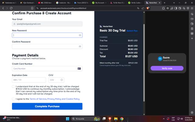 VectorVest checkout page showing VectorVest promo code box | Screenshot taken by SimplyCodes community member on Jun 22, 2025