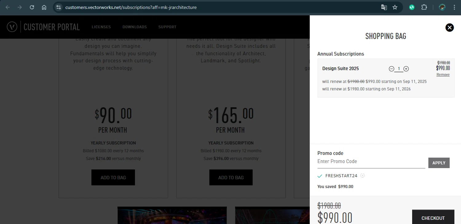Vectorworks checkout page showing Vectorworks promo code box | Screenshot taken by SimplyCodes community member on Sep 11, 2024