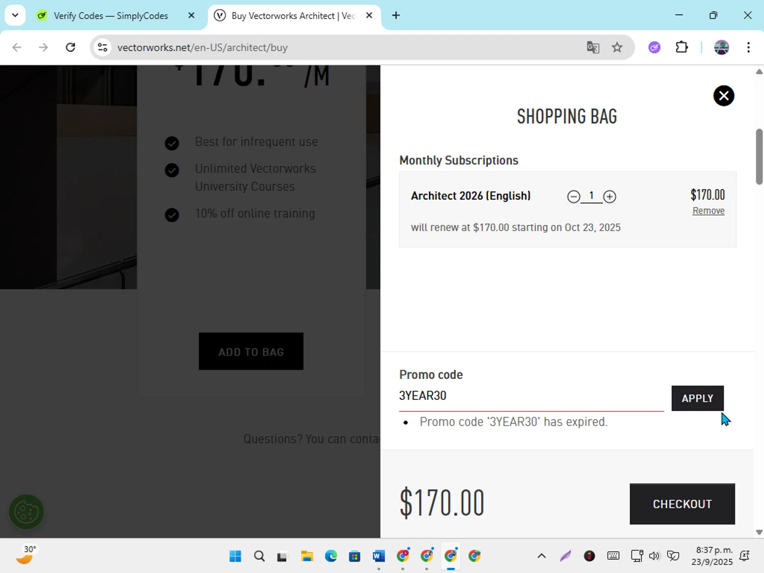 Vectorworks promo code screenshot showing code 3YEAR30 applied at Vectorworks checkout page. Uploaded by SimplyCodes community member DiscountGenius6081 on Sep 24, 2025