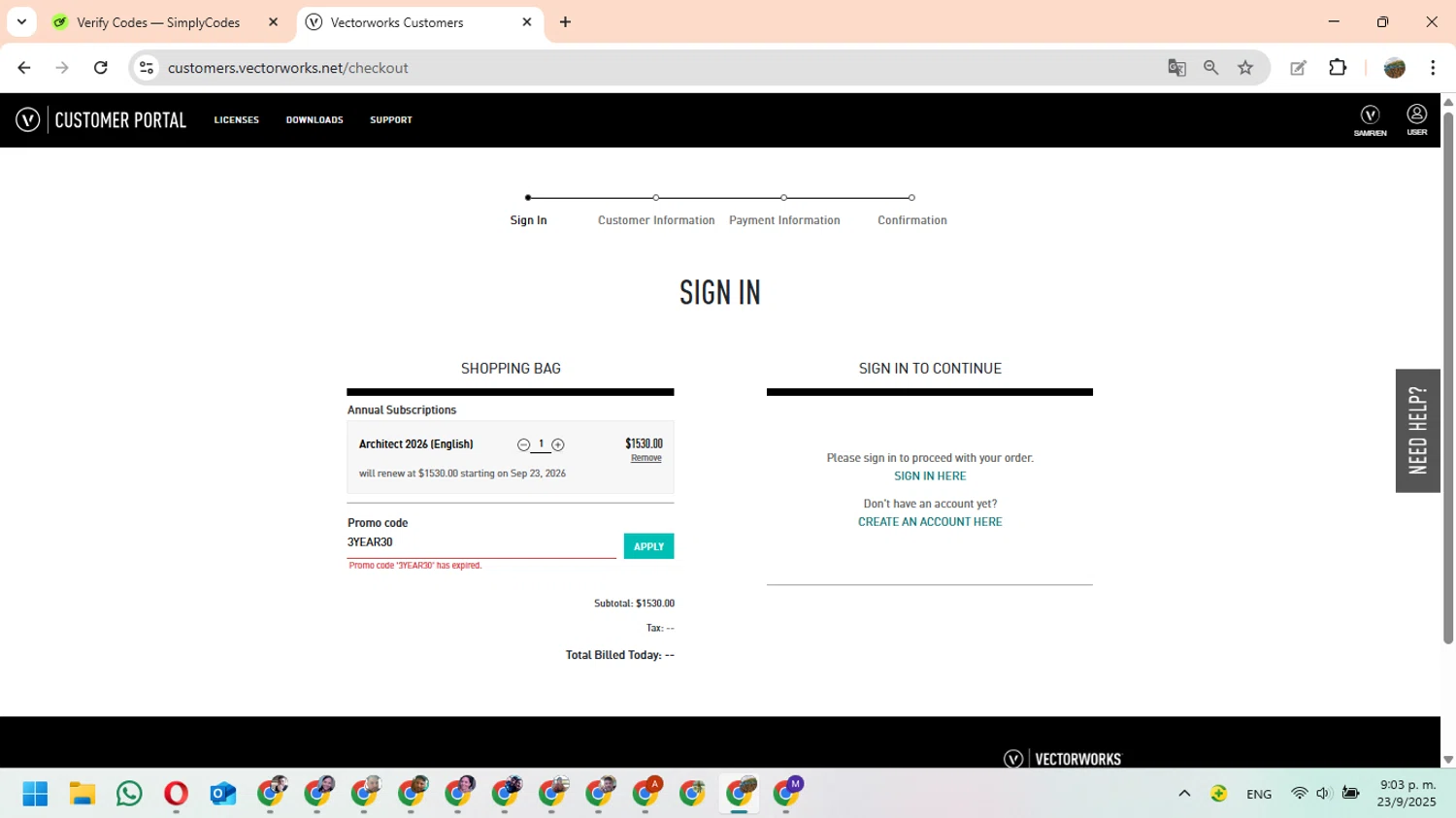 Vectorworks promo code screenshot showing code 3YEAR30 applied at Vectorworks checkout page. Uploaded by SimplyCodes community member FundoEsperanza on Sep 24, 2025
