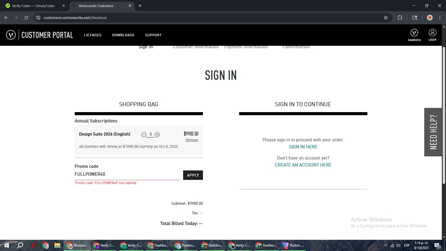 Vectorworks promo code screenshot showing code FULLPOWER40 applied at Vectorworks checkout page. Uploaded by SimplyCodes community member BonusCaptain9927 on Oct 8, 2025