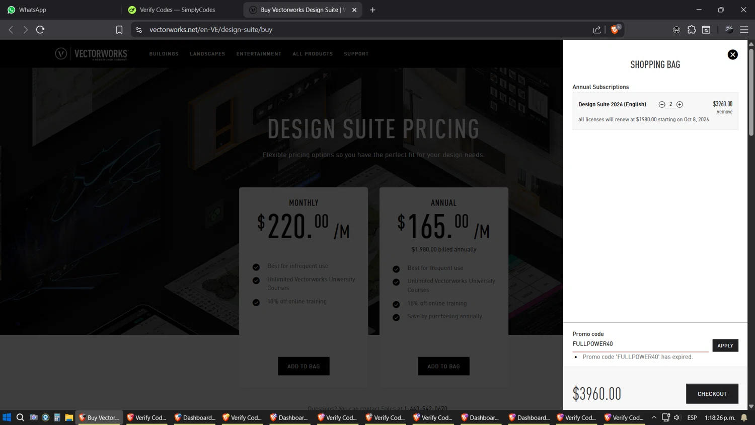 Vectorworks promo code screenshot showing code FULLPOWER40 applied at Vectorworks checkout page. Uploaded by SimplyCodes community member SimplyGOAT on Oct 8, 2025