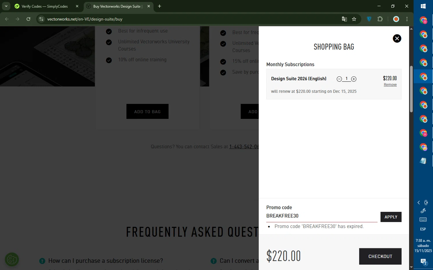 Vectorworks promo code screenshot showing code BREAKFREE30 applied at Vectorworks checkout page. Uploaded by SimplyCodes community member CashMaverick8128 on Nov 15, 2025